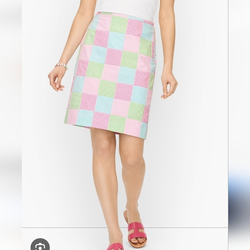 Talbots Seersucker Canvas Patchwork Stripe Skirt Size 8 Madras Summer Pastels - Picture 1 of 7